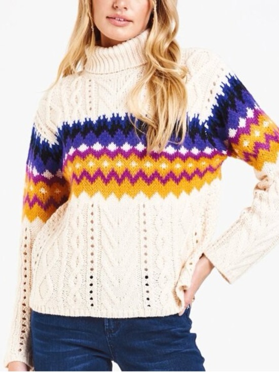 Dear John Sweaters - Dear John Cable Knit Turtleneck Sweater Fair Isle Cream Size Large NWT